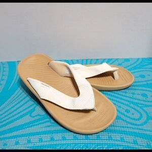 Hey Dude White and Tan Flip Flops